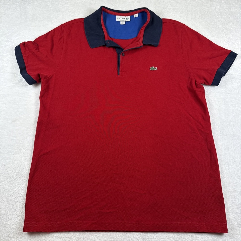 Lacoste Regular Fit Polo Shirt Men's Large Red Blue Short Sleeve Cotton Classic